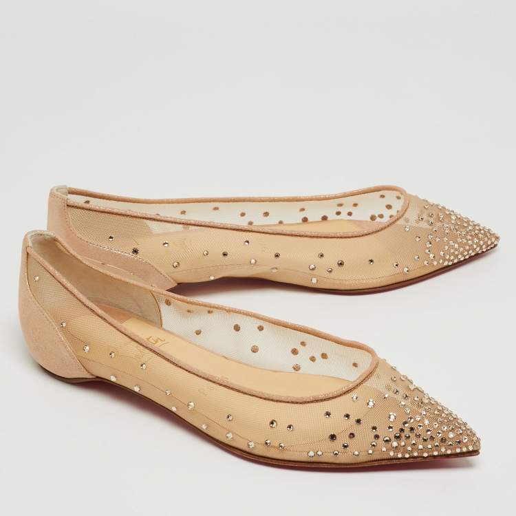 Pre Owned Christian Louboutin Beige Suede and Mesh Follies Strass Ballet Flats Size 37