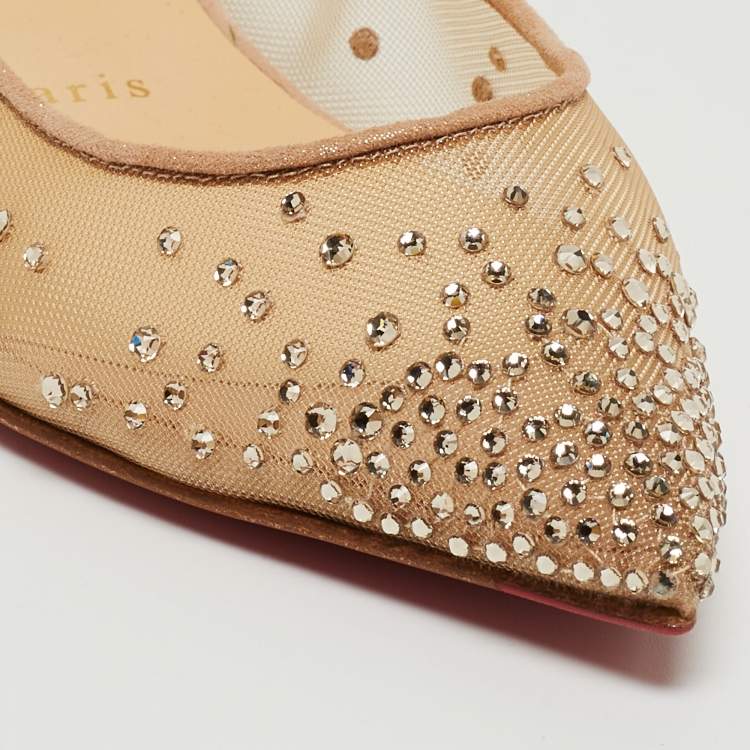 Pre Owned Christian Louboutin Beige Suede and Mesh Follies Strass Ballet Flats Size 37