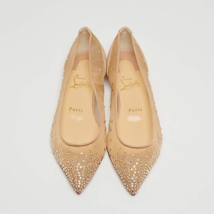 Pre Owned Christian Louboutin Beige Suede and Mesh Follies Strass Ballet Flats Size 37