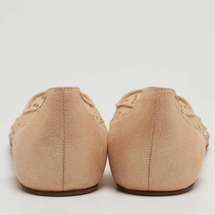 Pre Owned Christian Louboutin Beige Suede and Mesh Follies Strass Ballet Flats Size 37