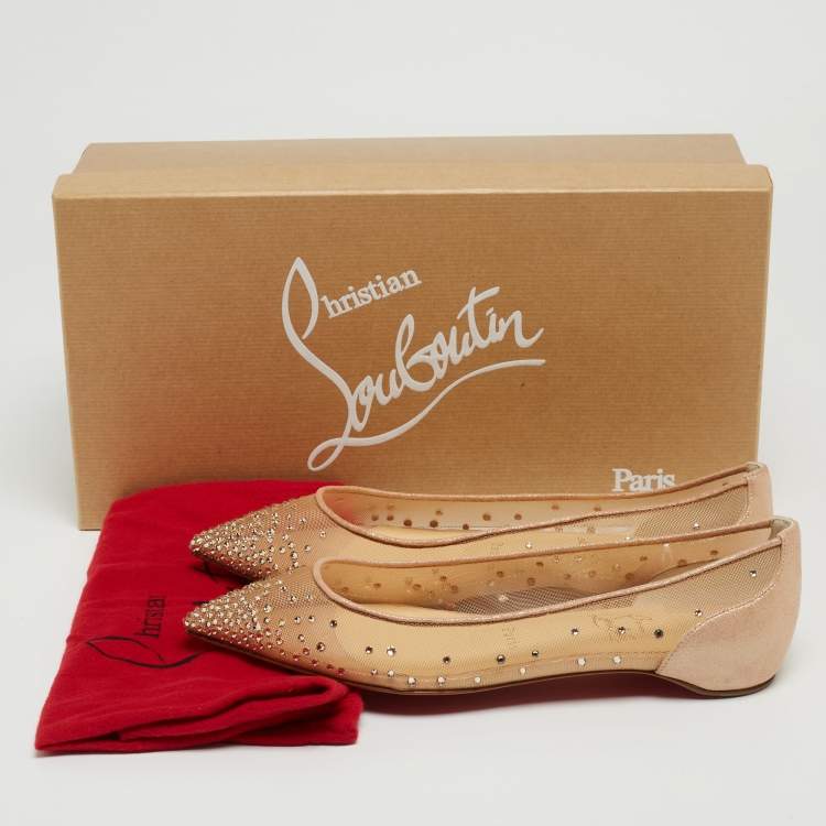 Pre Owned Christian Louboutin Beige Suede and Mesh Follies Strass Ballet Flats Size 37