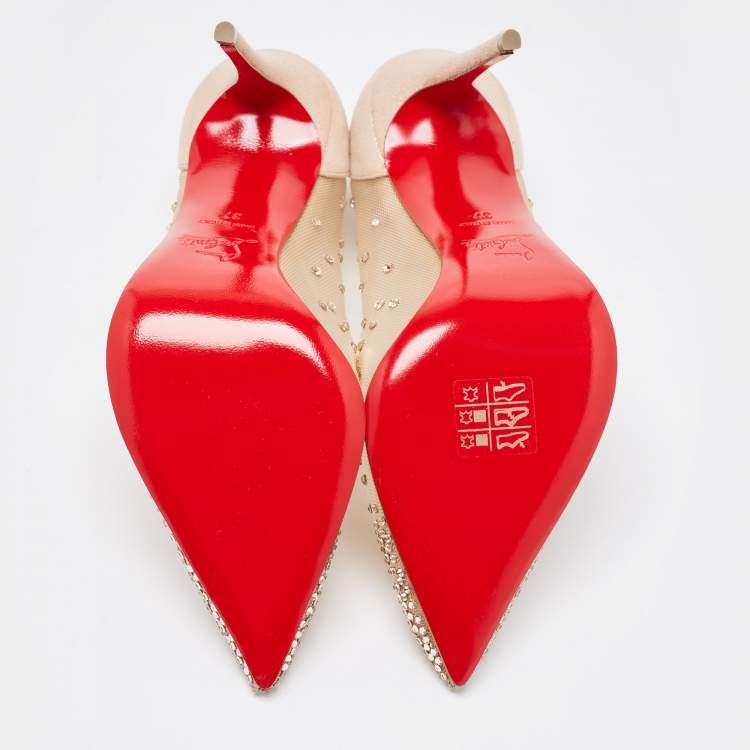 Pre Owned Christian Louboutin Beige Mesh and Suede Follies Strass Pointed Toe Pumps Size 37