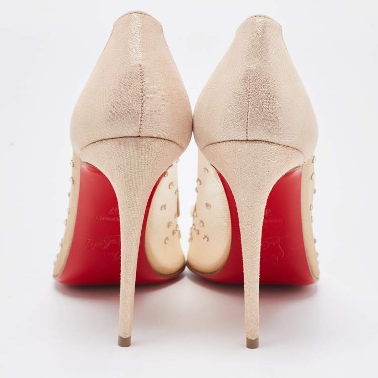 Pre Owned Christian Louboutin Beige Mesh and Suede Follies Strass Pointed Toe Pumps Size 37
