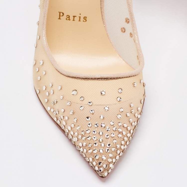 Pre Owned Christian Louboutin Beige Mesh and Suede Follies Strass Pointed Toe Pumps Size 37