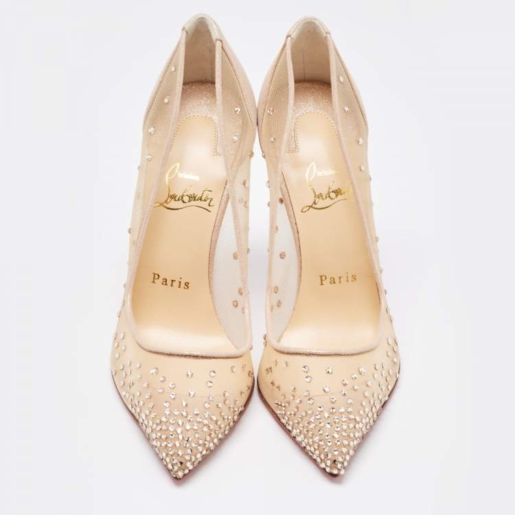 Pre Owned Christian Louboutin Beige Mesh and Suede Follies Strass Pointed Toe Pumps Size 37