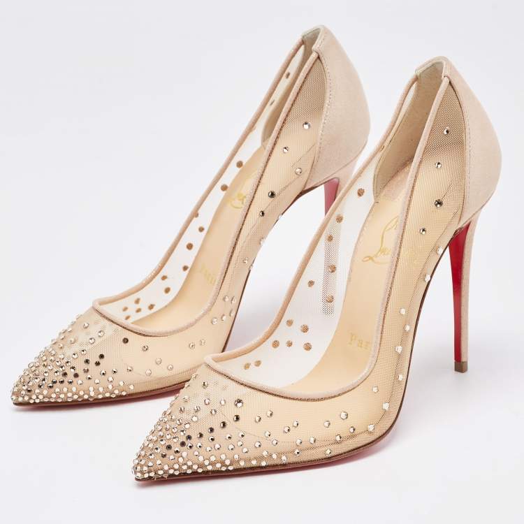 Pre Owned Christian Louboutin Beige Mesh and Suede Follies Strass Pointed Toe Pumps Size 37