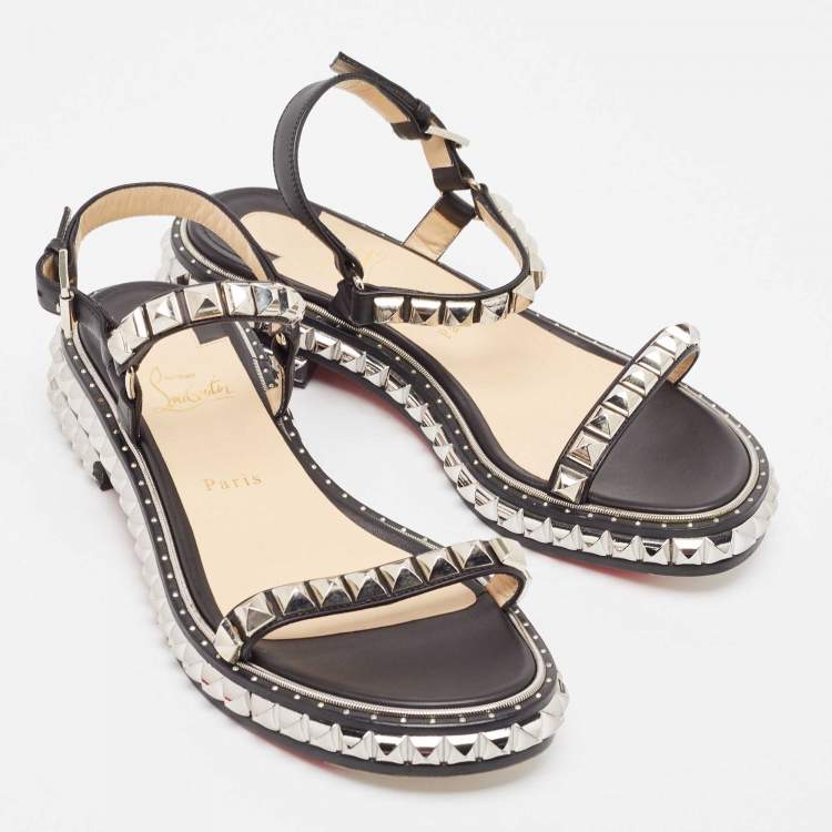 Pre Owned Christian Louboutin Black Leather Pyraclou Ankle Strap Sandals Size 39