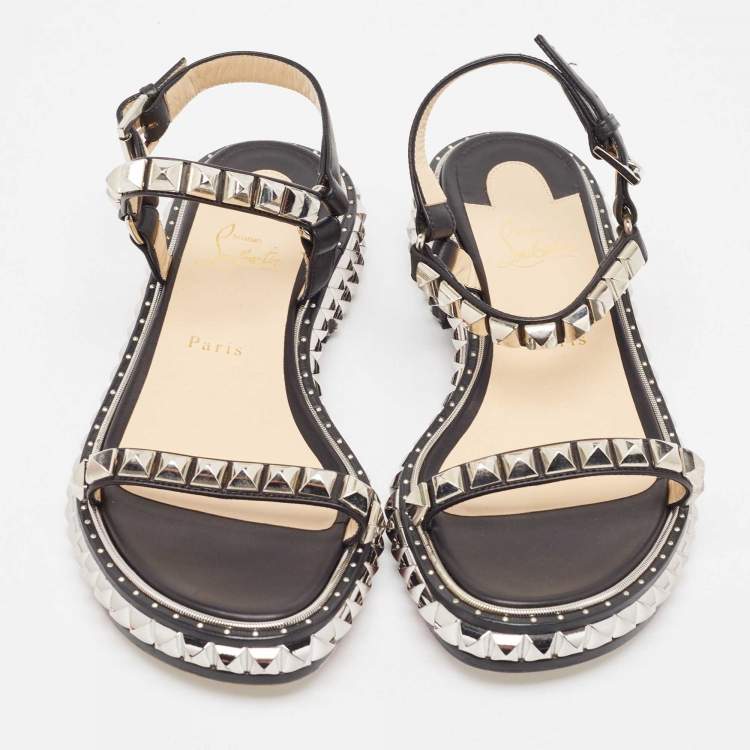 Pre Owned Christian Louboutin Black Leather Pyraclou Ankle Strap Sandals Size 39