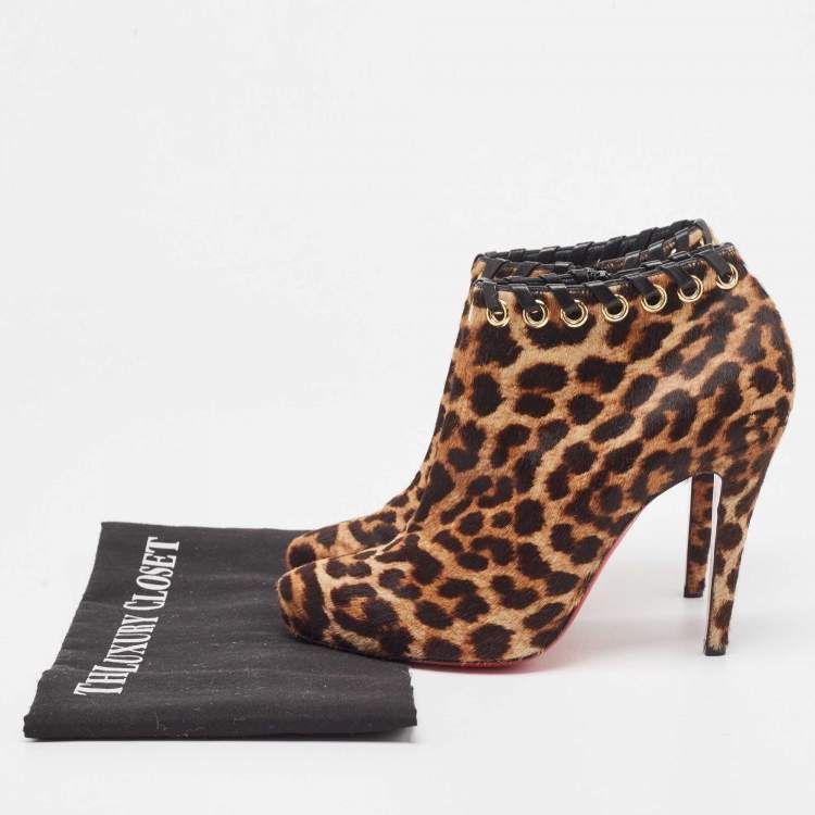 Pre Owned Christian Louboutin Brown/Beige Leopard Print Calf Hair Ankle Booties Size 38.5