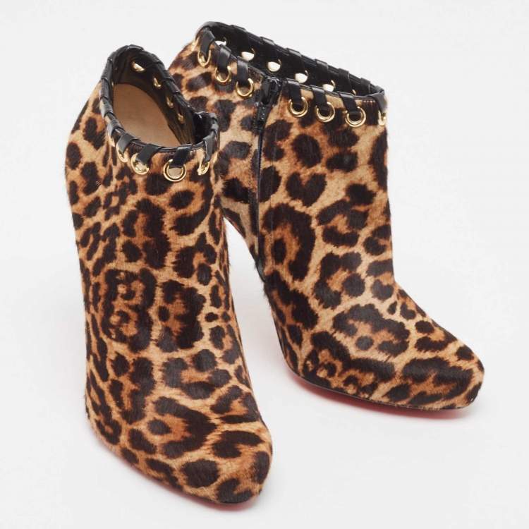 Pre Owned Christian Louboutin Brown/Beige Leopard Print Calf Hair Ankle Booties Size 38.5