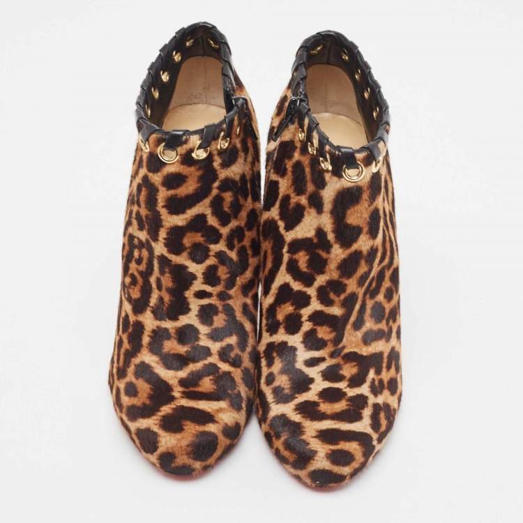 Pre Owned Christian Louboutin Brown/Beige Leopard Print Calf Hair Ankle Booties Size 38.5