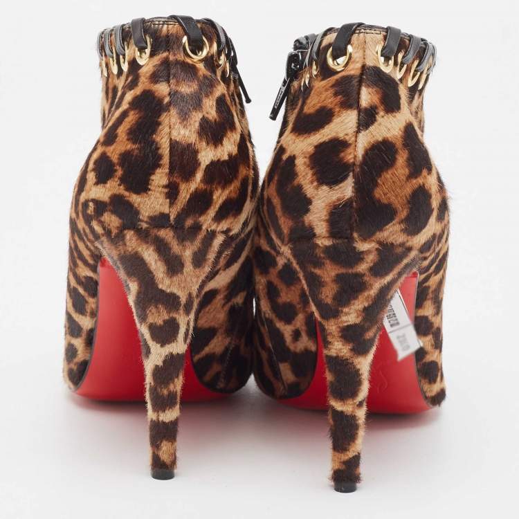 Pre Owned Christian Louboutin Brown/Beige Leopard Print Calf Hair Ankle Booties Size 38.5