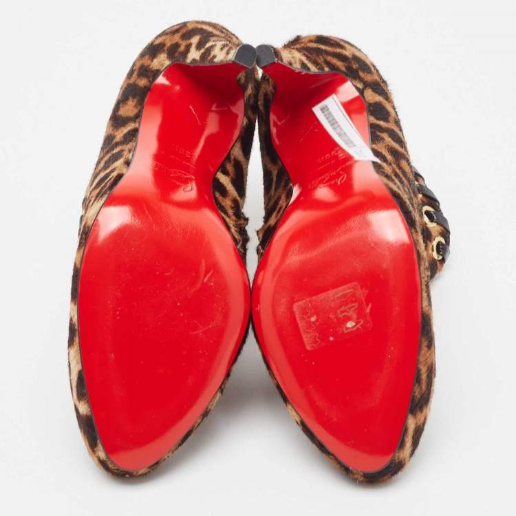 Pre Owned Christian Louboutin Brown/Beige Leopard Print Calf Hair Ankle Booties Size 38.5
