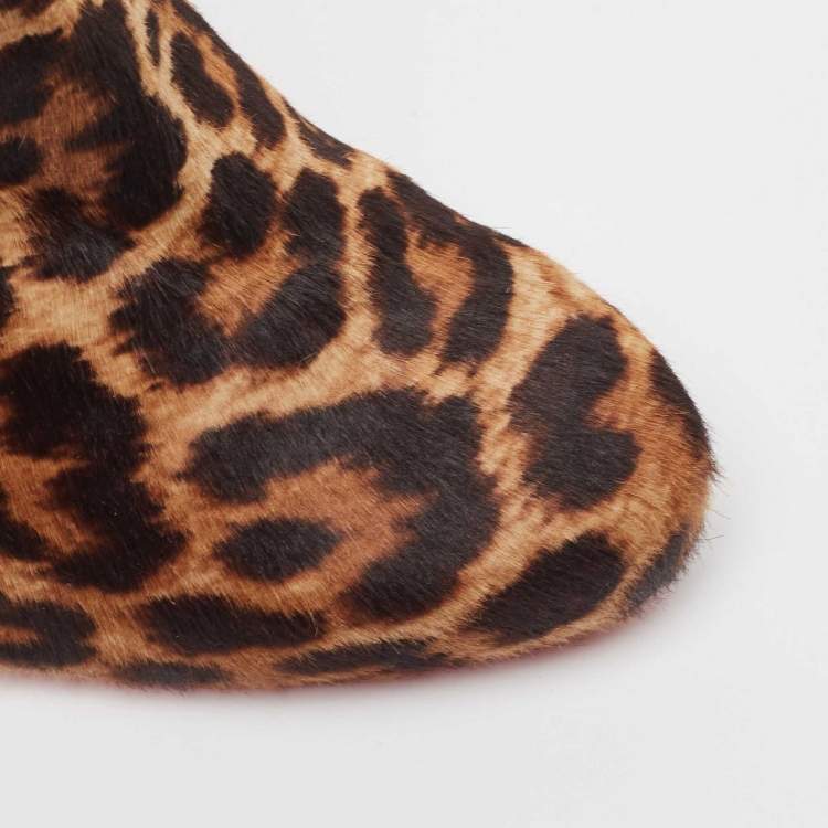 Pre Owned Christian Louboutin Brown/Beige Leopard Print Calf Hair Ankle Booties Size 38.5