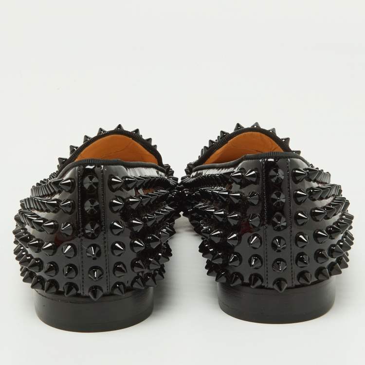 Pre Owned Christian Louboutin Black Patent Leather Glitz Spikes Loafers Size 38