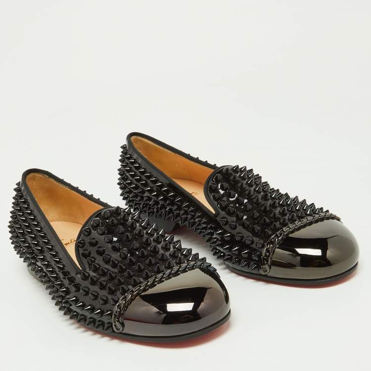 Pre Owned Christian Louboutin Black Patent Leather Glitz Spikes Loafers Size 38