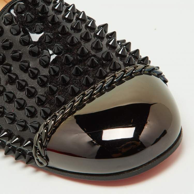Pre Owned Christian Louboutin Black Patent Leather Glitz Spikes Loafers Size 38