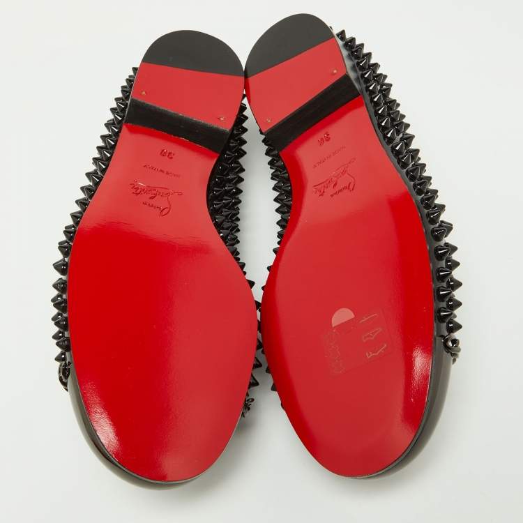 Pre Owned Christian Louboutin Black Patent Leather Glitz Spikes Loafers Size 38
