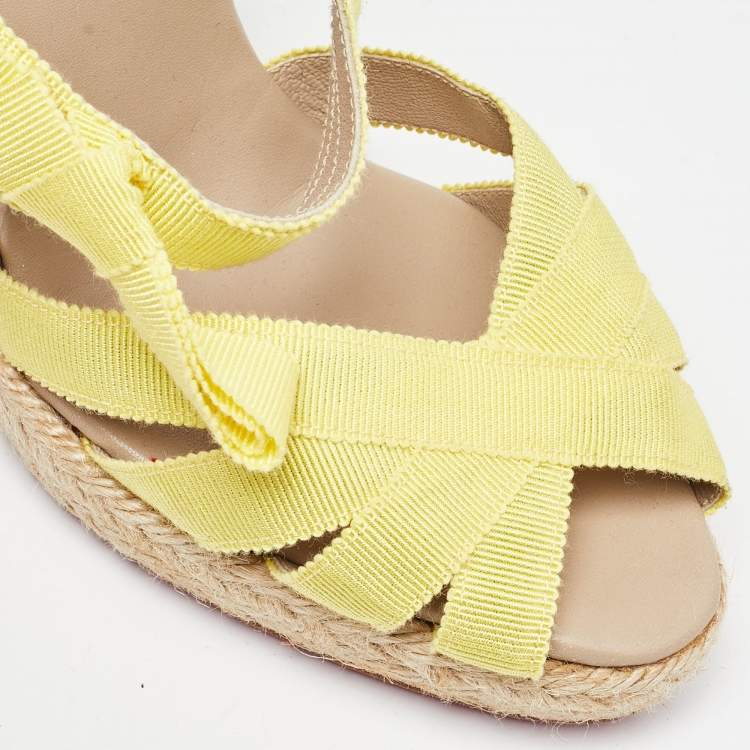 Pre Owned Christian Louboutin Yellow Fabric Delfin Espadrille Wedge Sandals Size 37