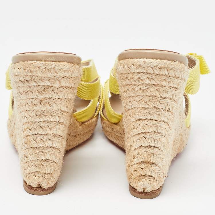 Pre Owned Christian Louboutin Yellow Fabric Delfin Espadrille Wedge Sandals Size 37
