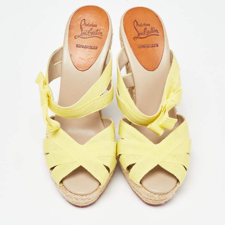 Pre Owned Christian Louboutin Yellow Fabric Delfin Espadrille Wedge Sandals Size 37