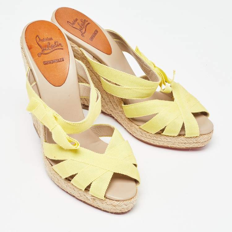 Pre Owned Christian Louboutin Yellow Fabric Delfin Espadrille Wedge Sandals Size 37