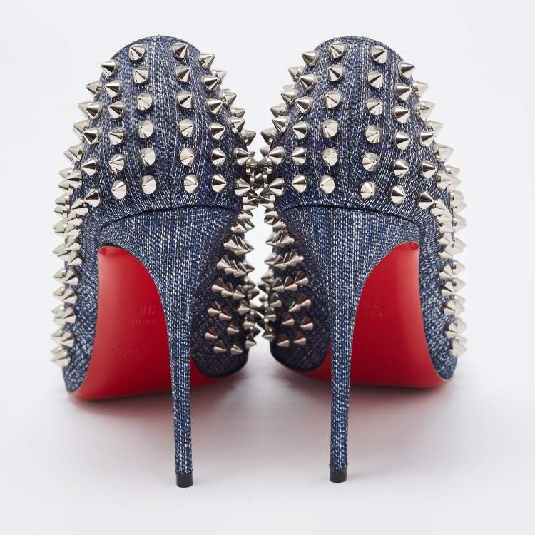 Pre Owned Christian Louboutin Blue Denim Pigalle Follies Spikes Pumps Size 38