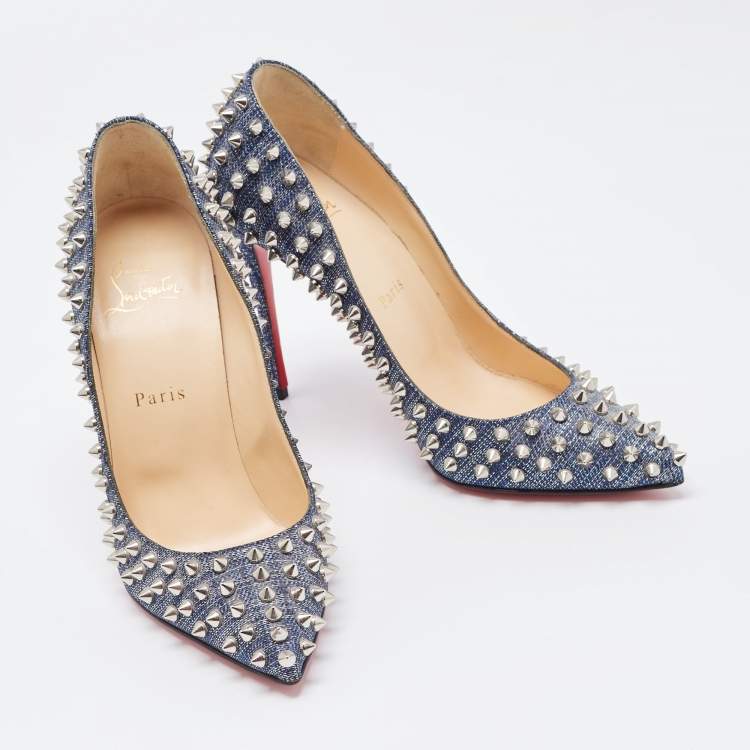 Pre Owned Christian Louboutin Blue Denim Pigalle Follies Spikes Pumps Size 38