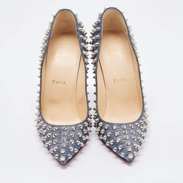 Pre Owned Christian Louboutin Blue Denim Pigalle Follies Spikes Pumps Size 38