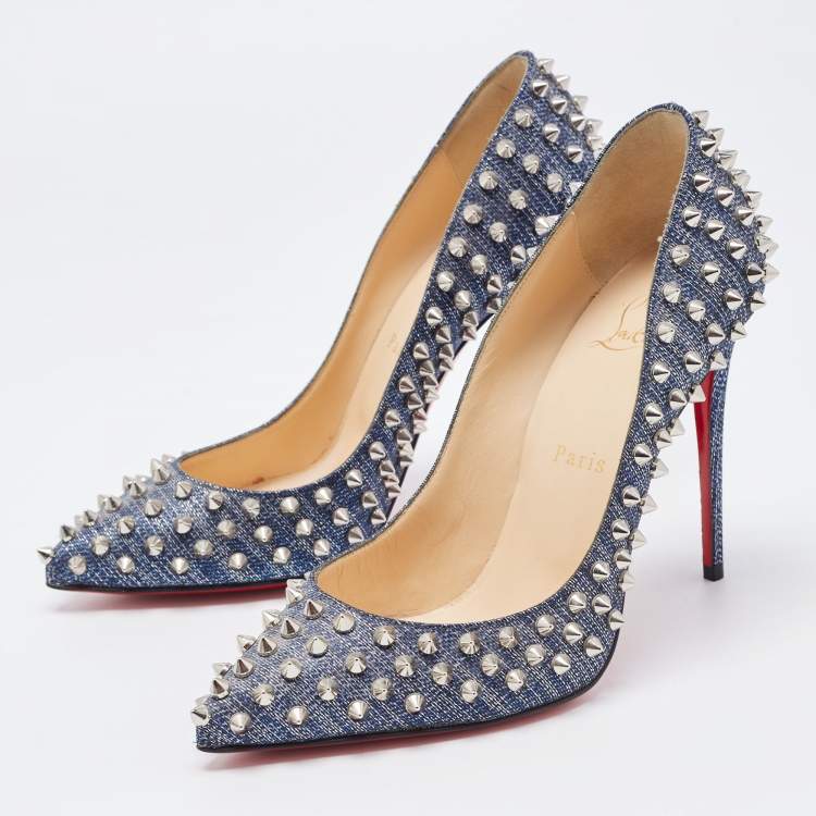 Pre Owned Christian Louboutin Blue Denim Pigalle Follies Spikes Pumps Size 38