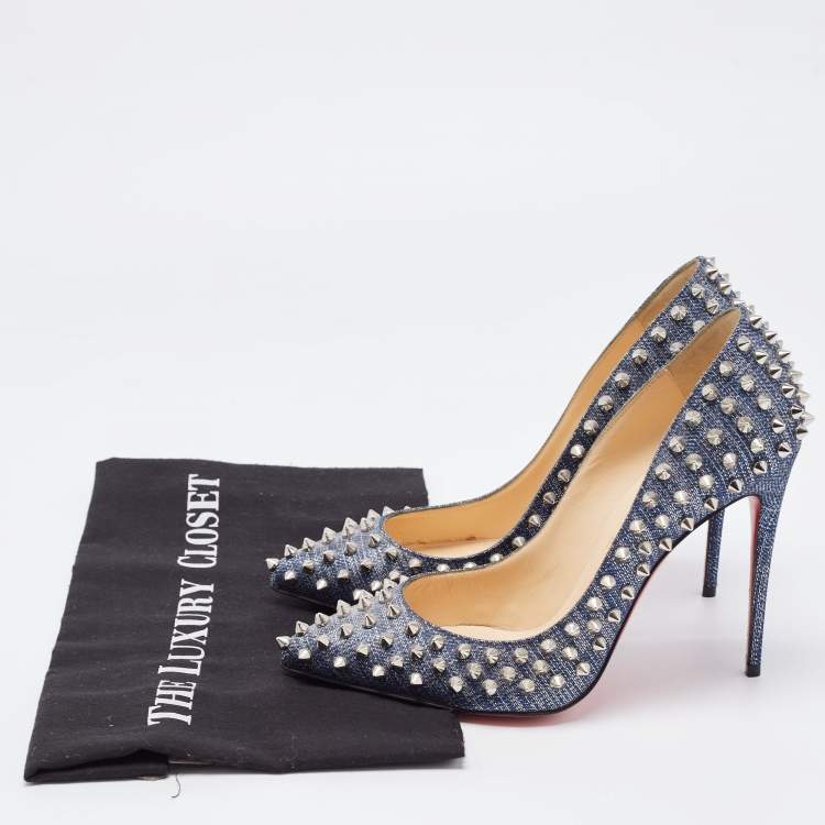 Pre Owned Christian Louboutin Blue Denim Pigalle Follies Spikes Pumps Size 38