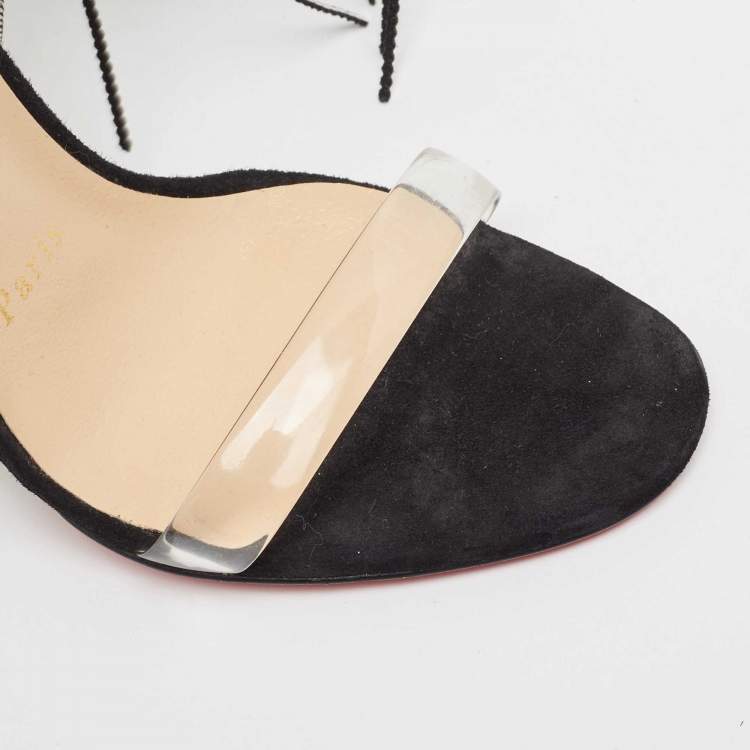 Pre Owned Christian Louboutin Black Suede Crystal Embellished Fringe Ankle Strap Sandals Size 36