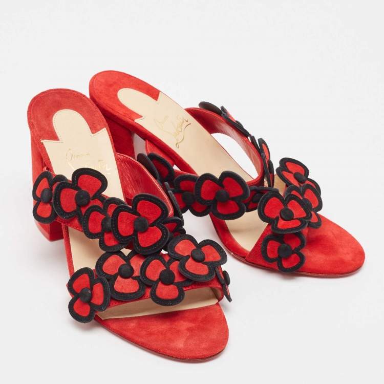Pre Owned Christian Louboutin Red/Black Suede Pansy Sandals Size 37