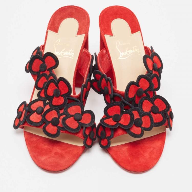 Pre Owned Christian Louboutin Red/Black Suede Pansy Sandals Size 37