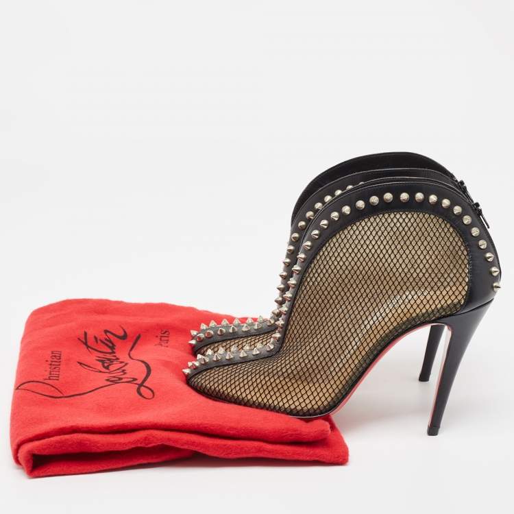 Pre Owned Christian Louboutin Black Mesh and Leather Bourriche Ankle Booties Size 38.5