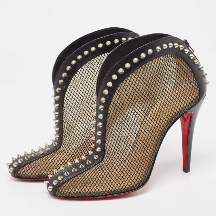 Pre Owned Christian Louboutin Black Mesh and Leather Bourriche Ankle Booties Size 38.5