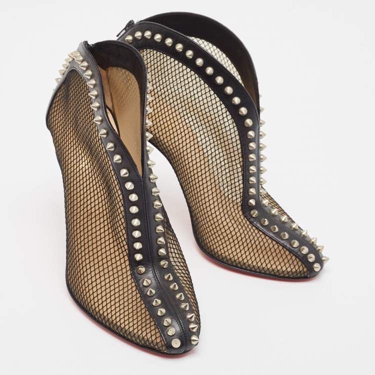 Pre Owned Christian Louboutin Black Mesh and Leather Bourriche Ankle Booties Size 38.5