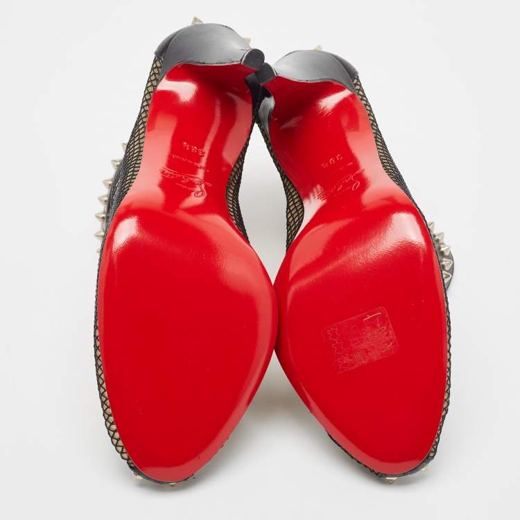 Pre Owned Christian Louboutin Black Mesh and Leather Bourriche Ankle Booties Size 38.5