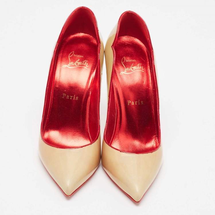 Pre Owned Christian Louboutin Beige Patent Leather Hot Chick Pumps Size 37.5