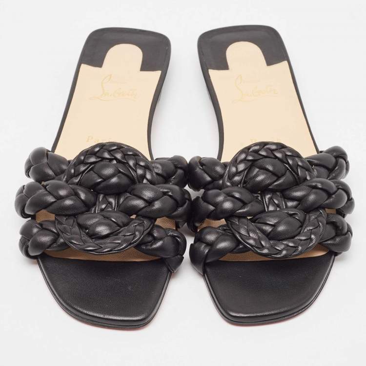 Pre Owned Christian Louboutin Black Woven Leather Marmella  Flat Slides Size 40