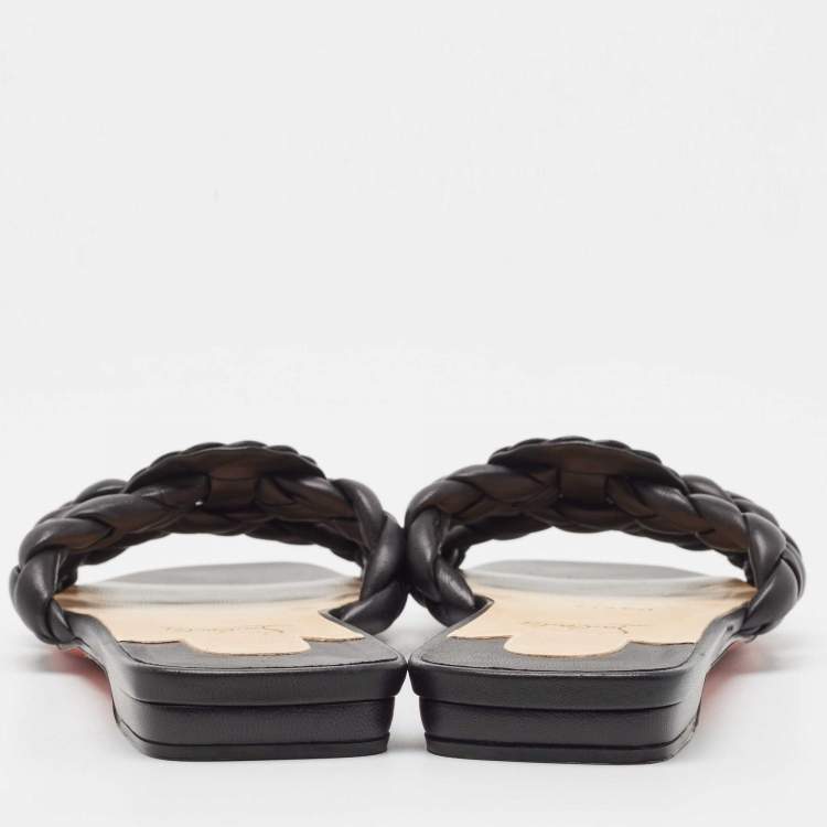 Pre Owned Christian Louboutin Black Woven Leather Marmella  Flat Slides Size 40
