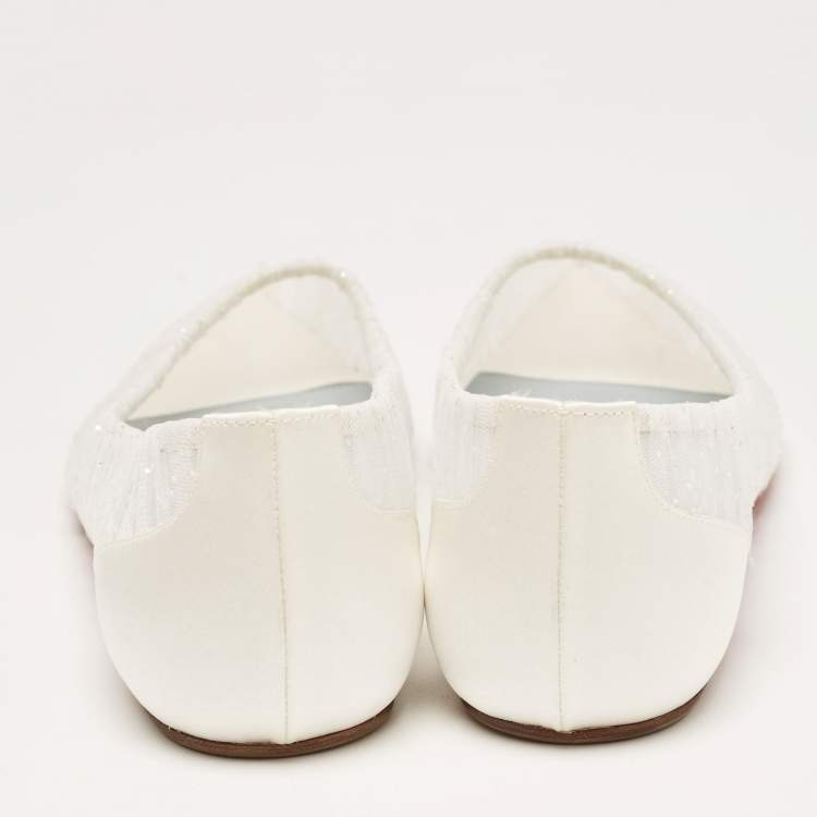 Pre Owned Christian Louboutin White Glitter Tulle Fabric and Satin Kate Ballet Flats Size 36.5 