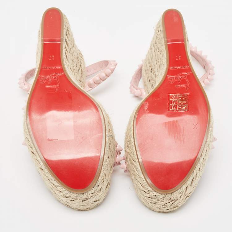 Pre Owned Christian Louboutin Pink Patent Leather Mafaldina Spike Wedge Espadrille Ankle Strap Sandals Size 37