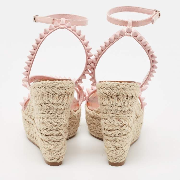 Pre Owned Christian Louboutin Pink Patent Leather Mafaldina Spike Wedge Espadrille Ankle Strap Sandals Size 37
