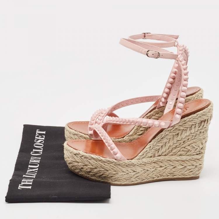 Pre Owned Christian Louboutin Pink Patent Leather Mafaldina Spike Wedge Espadrille Ankle Strap Sandals Size 37