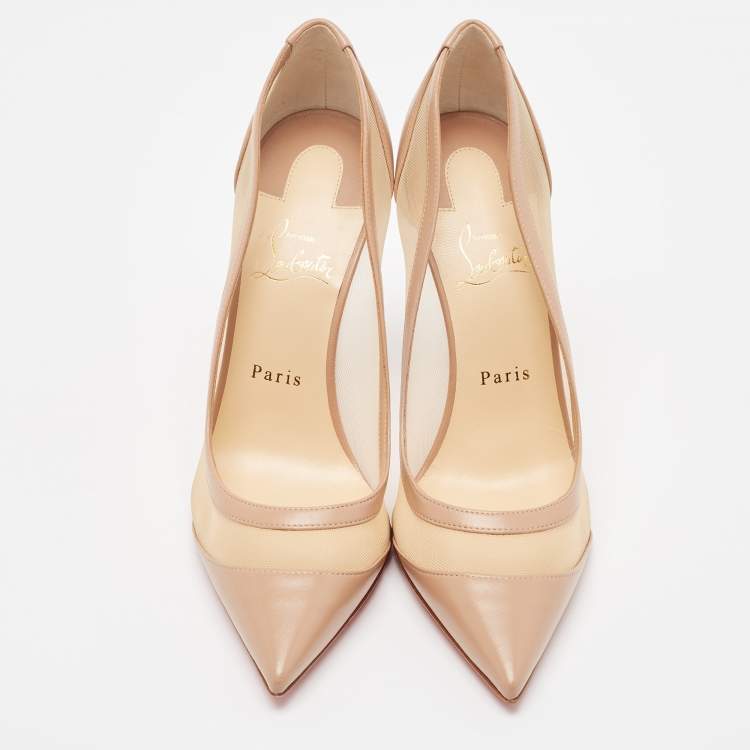 Pre Owned Christian Louboutin Beige Leather and Mesh Galativi Strass Pointed Toe Pumps  Size 40