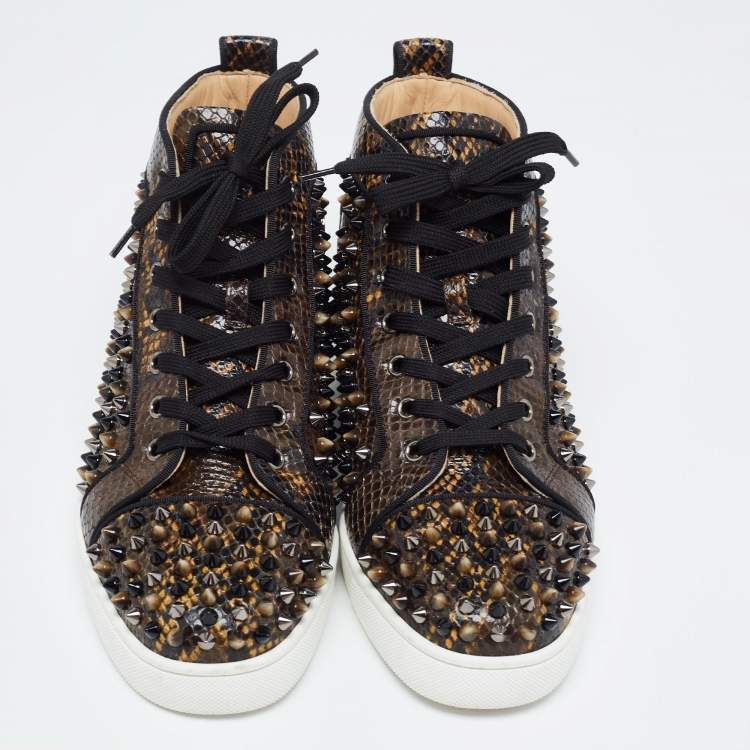 Pre Owned Christian Louboutin Brown/Black Embossed Snakeskin Louis Spikes High Top Sneakers Size 39.5
