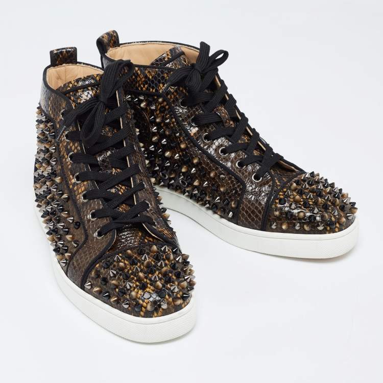 Pre Owned Christian Louboutin Brown/Black Embossed Snakeskin Louis Spikes High Top Sneakers Size 39.5