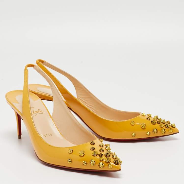 Pre Owned Christian Louboutin Yellow Patent Drama Sing 100 Spike Slingback Pumps Size 39