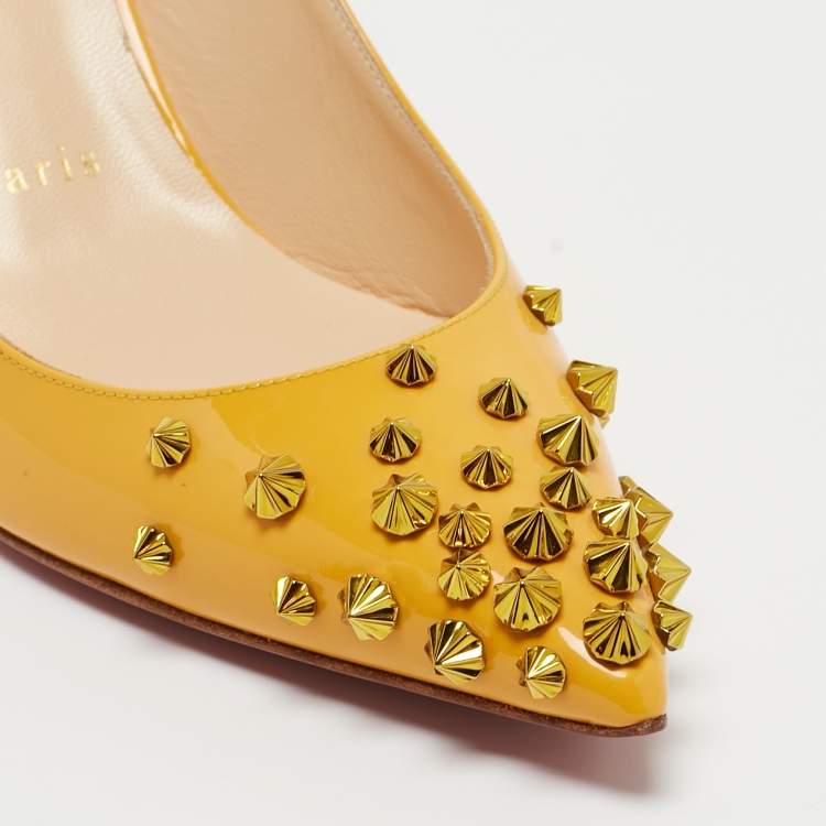 Pre Owned Christian Louboutin Yellow Patent Drama Sing 100 Spike Slingback Pumps Size 39